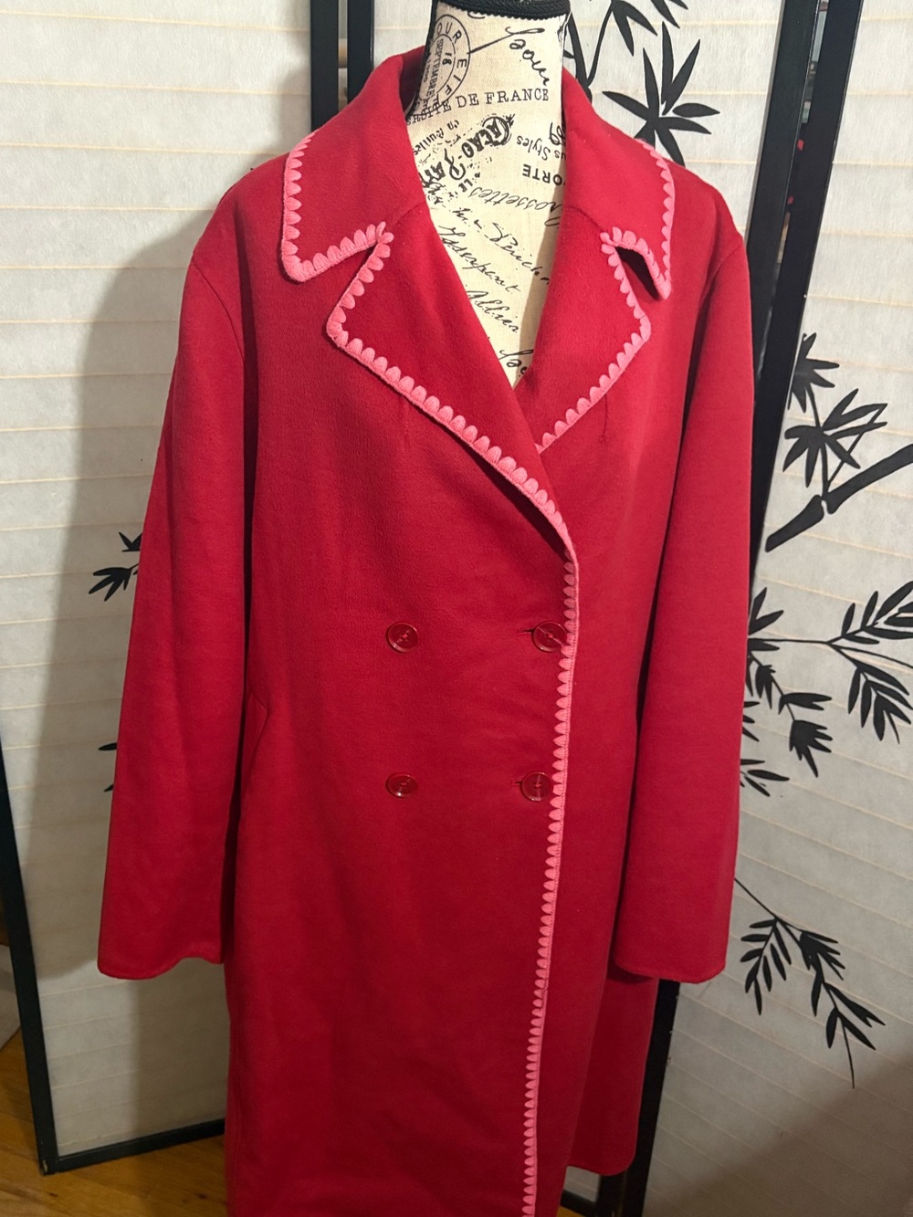 Kate Space Red Double-Breasted Pea Coat with Pink Trim XL